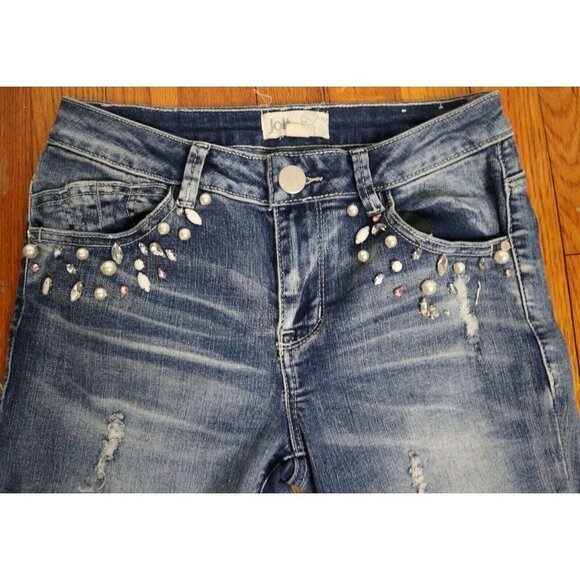 JOLT SKINNY JEANS W/ RHINESTONES & PEARLS - SIZE 3 /26 - DISTRESSED - Picture 2 of 9